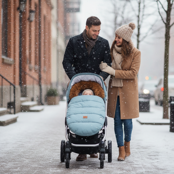Papa et maman se promène lors de la 1ère neige bras enlacés et bébé dans sa belle chancelière poussette turquoise regarde la neige tomber