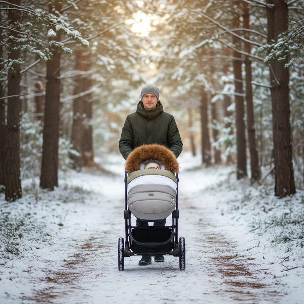 Chancelière poussette vert-blanc-gris papa en balade avec bébé en forêt