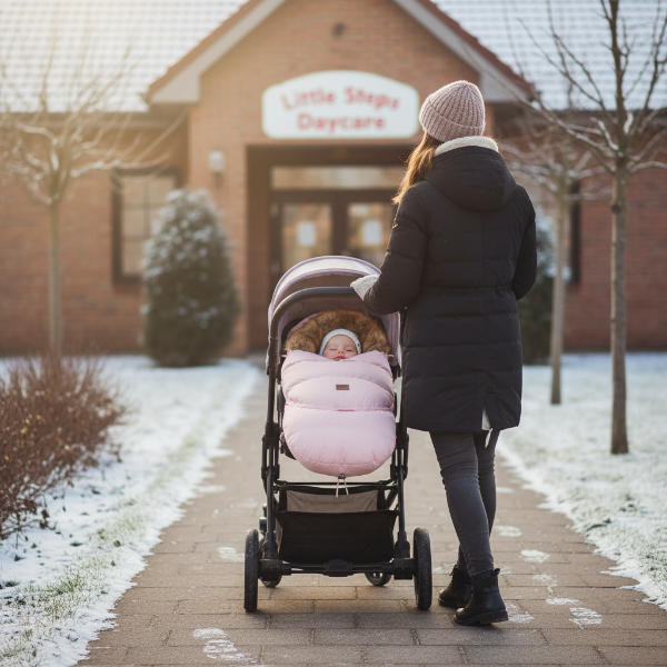 Maman emmène bébé à la garderie bébé au chaud dans sa chancelière poussette rose