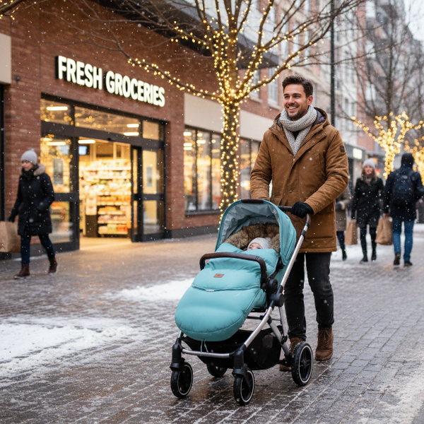 Papa va a l'épicerie et bébé est au  chaud dans sa chancelière poussette turquoise