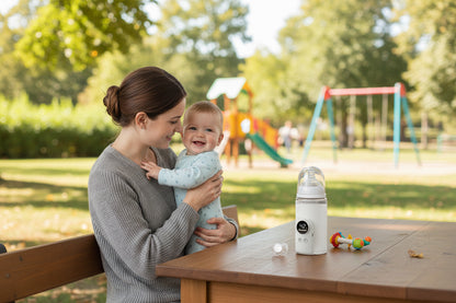 Maman assise au parc avec bébé dans les bras attend que le lait soit prêt