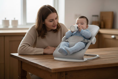 Maman surveille bébé buvant son biberon seul