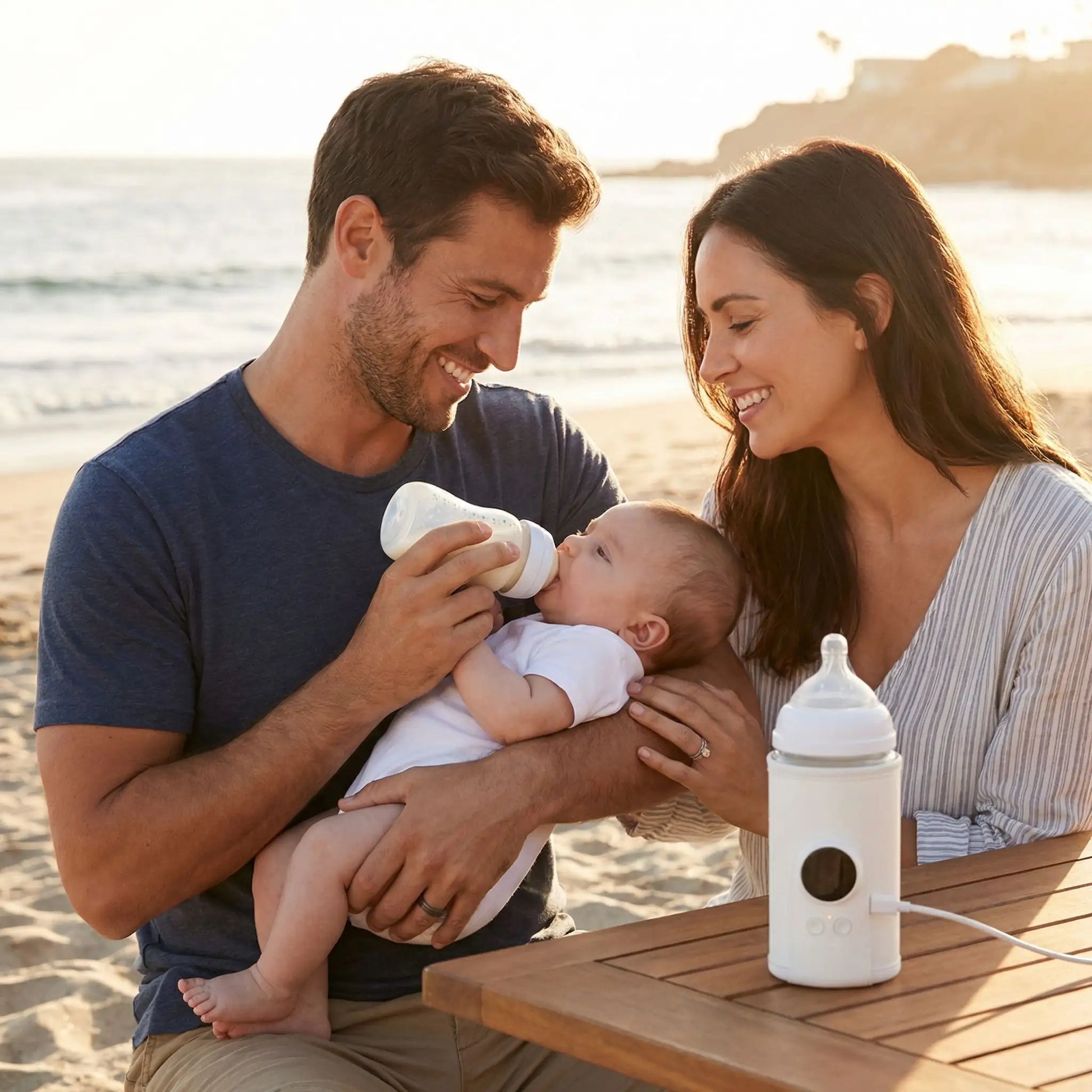 Papa donnant le biberon au bébé et maman les regardant tendrement