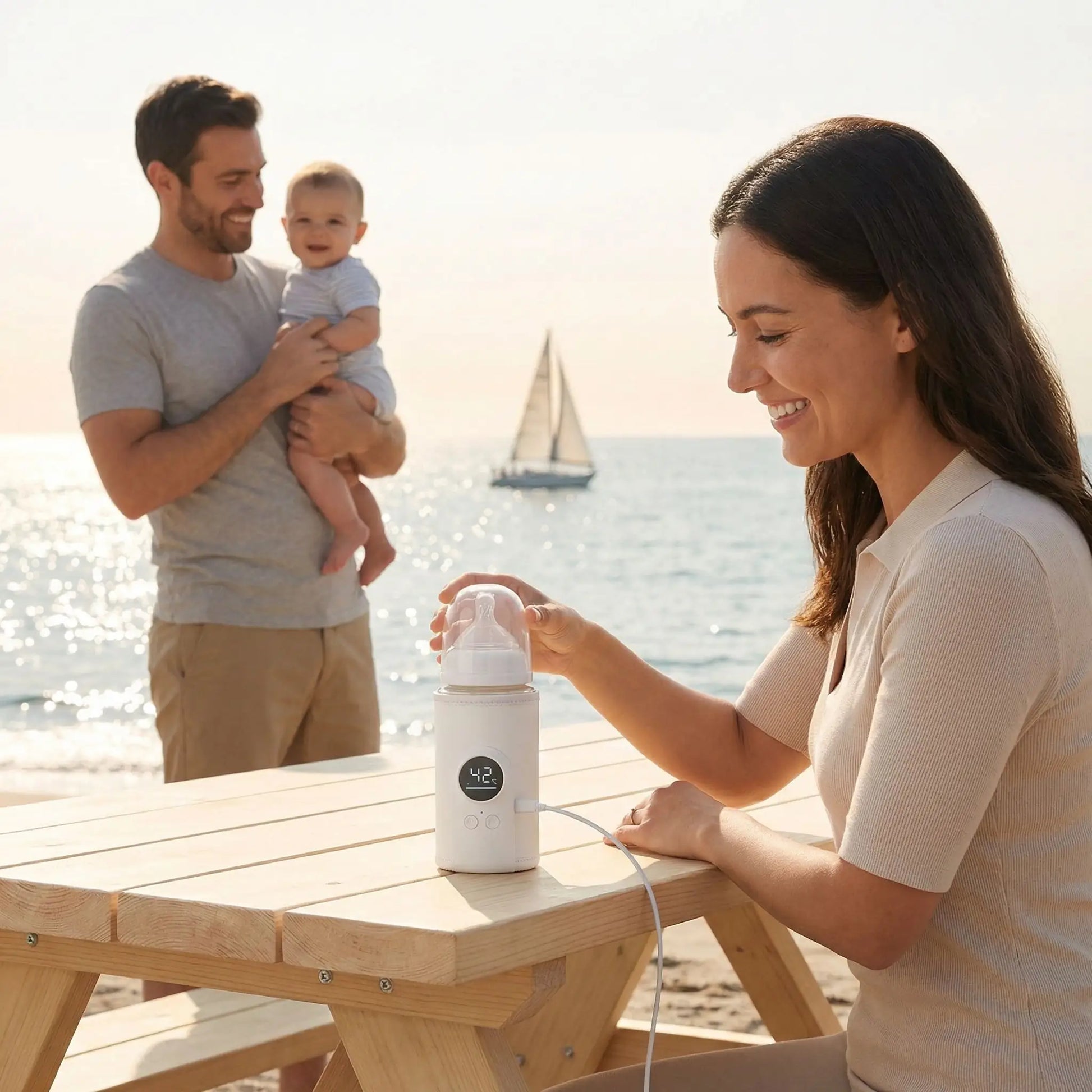 Papa tenant bébé au bord de  mer, maman prépare le biberon
