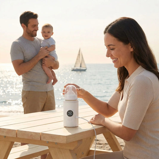 Papa tenant bébé au bord de  mer, maman prépare le biberon