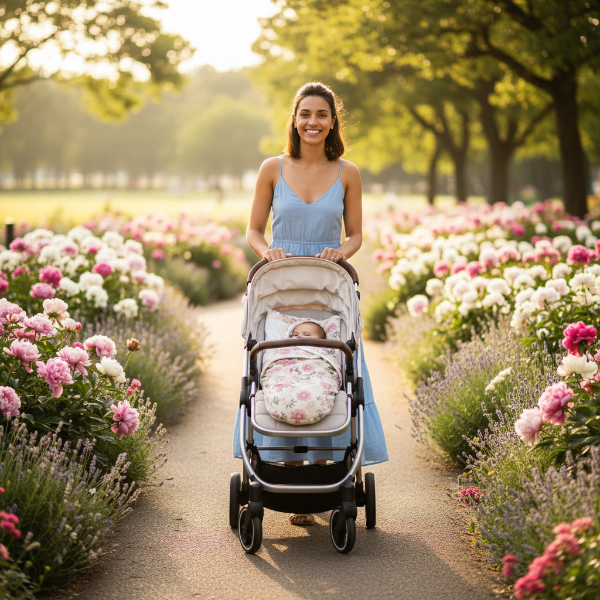 Couverture emmaillotage fleurs roses - lifestyle parc