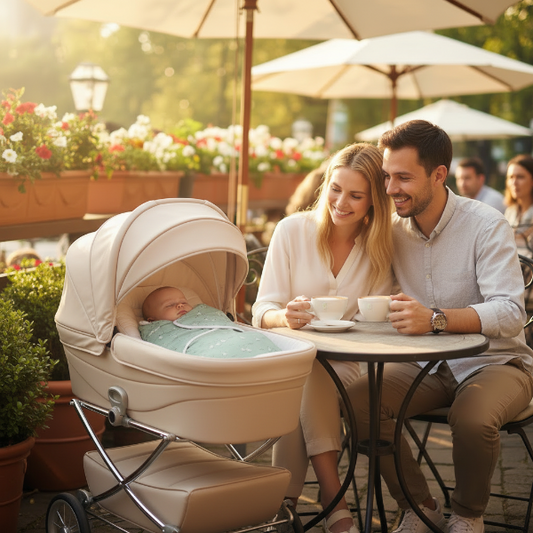 Bébé emmailloté dans son nid d'ange et placé dans sa poussette dors paisiblement au coté de maman et papa qui prennent un café sur une terrasse.