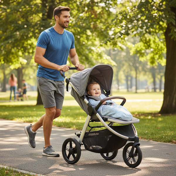 Bébé dans sa couverture d'emmaillotage dans sa poussette pendant que papa fait son jogging