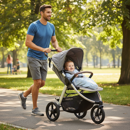 Bébé dans sa couverture d'emmaillotage dans sa poussette pendant que papa fait son jogging