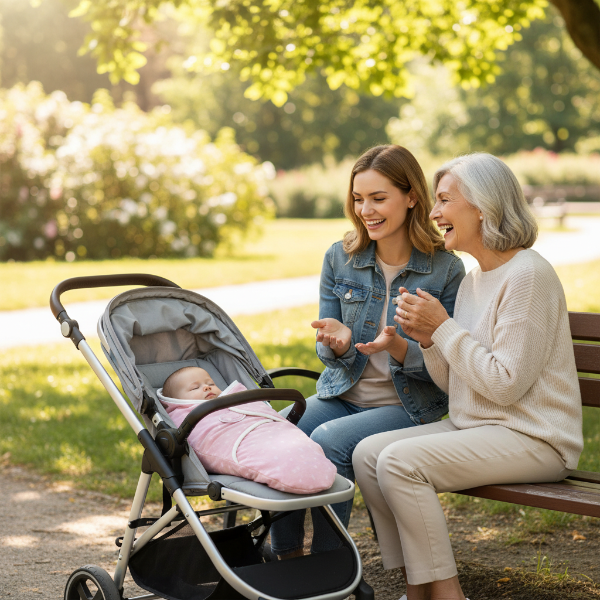 Bébé emmailloté dans sa couverture d'emmaillotage dans sa poussette près de maman qui est assis sur un banc de parc avec mamie