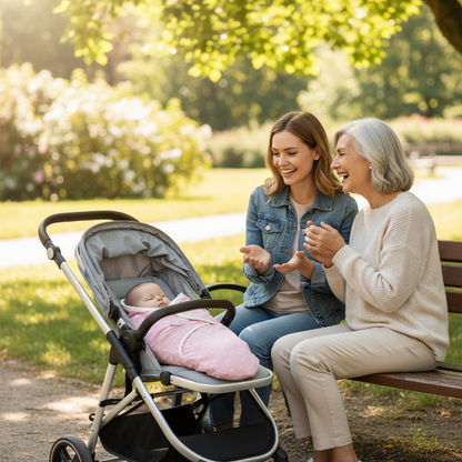 Bébé emmailloté dans sa couverture d'emmaillotage dans sa poussette près de maman qui est assis sur un banc de parc avec mamie