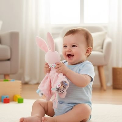 Doudou bebe lapin rose heureux