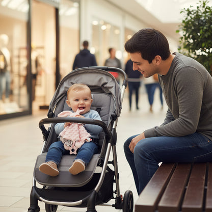 Papa assis sur un banc au centre d'achat avec bébé dans sa poussette jouant avec son doudou lapin
