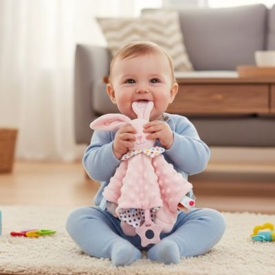 Doudou bebe lapin rose reconfortant 