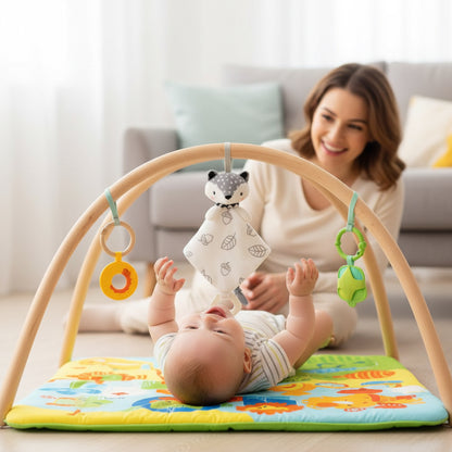 Bébé jouant dans sa chambre jouant avec le doudou renard