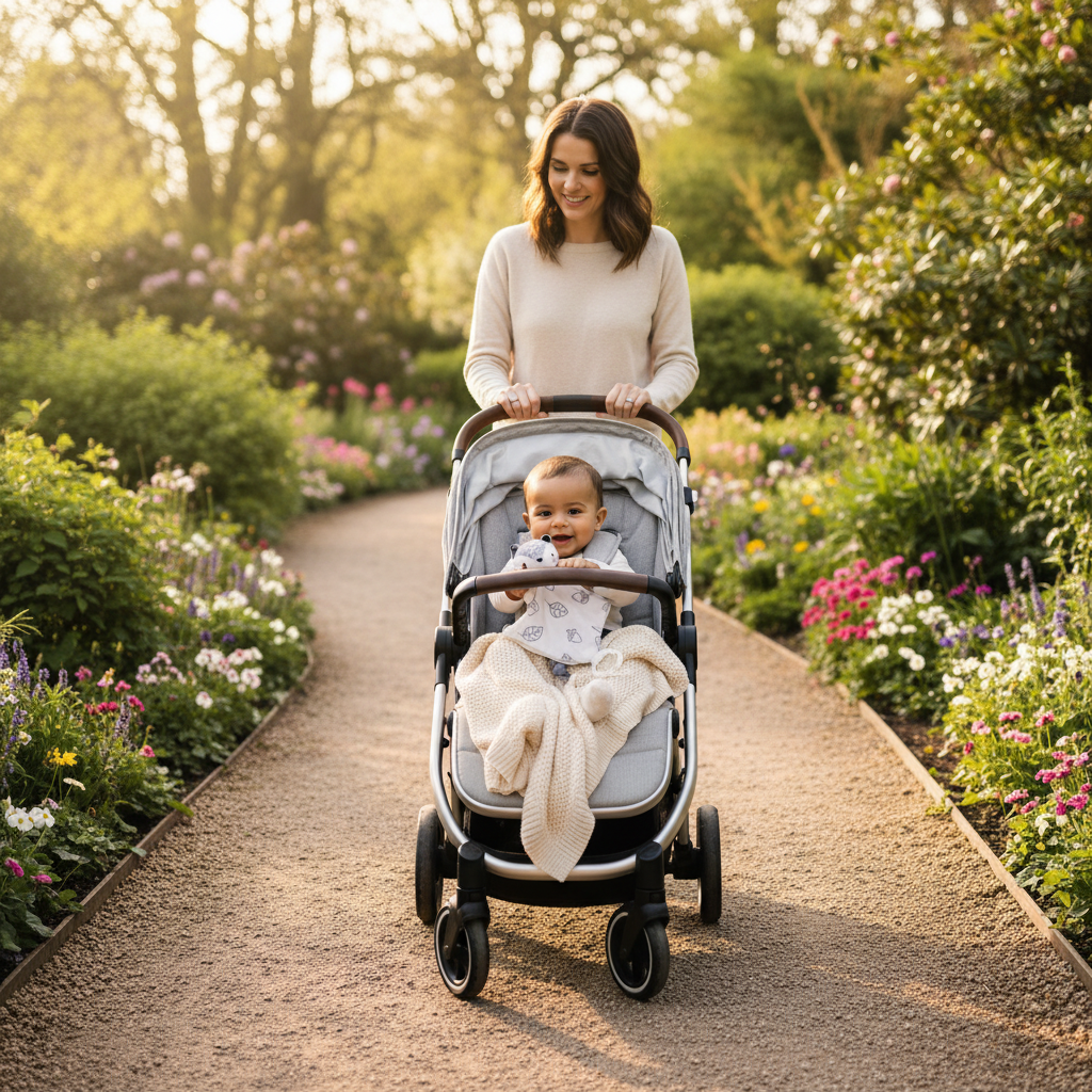 Bébé jouant avec son doudou dans la poussette pendant que maman pousse gentillement sur le sentier du jardin botanique