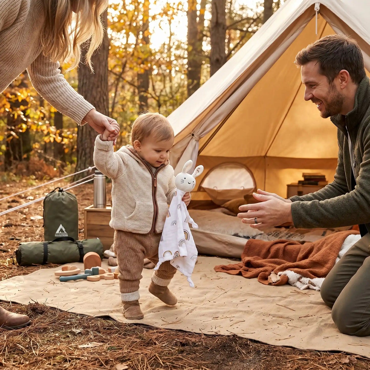 Premier pas de bébé au camping. Il tient son doudou ferment d'une main pour se rassurer.  Maman lui tenant l'autre main et Papa en face l'encourageant à avancer 