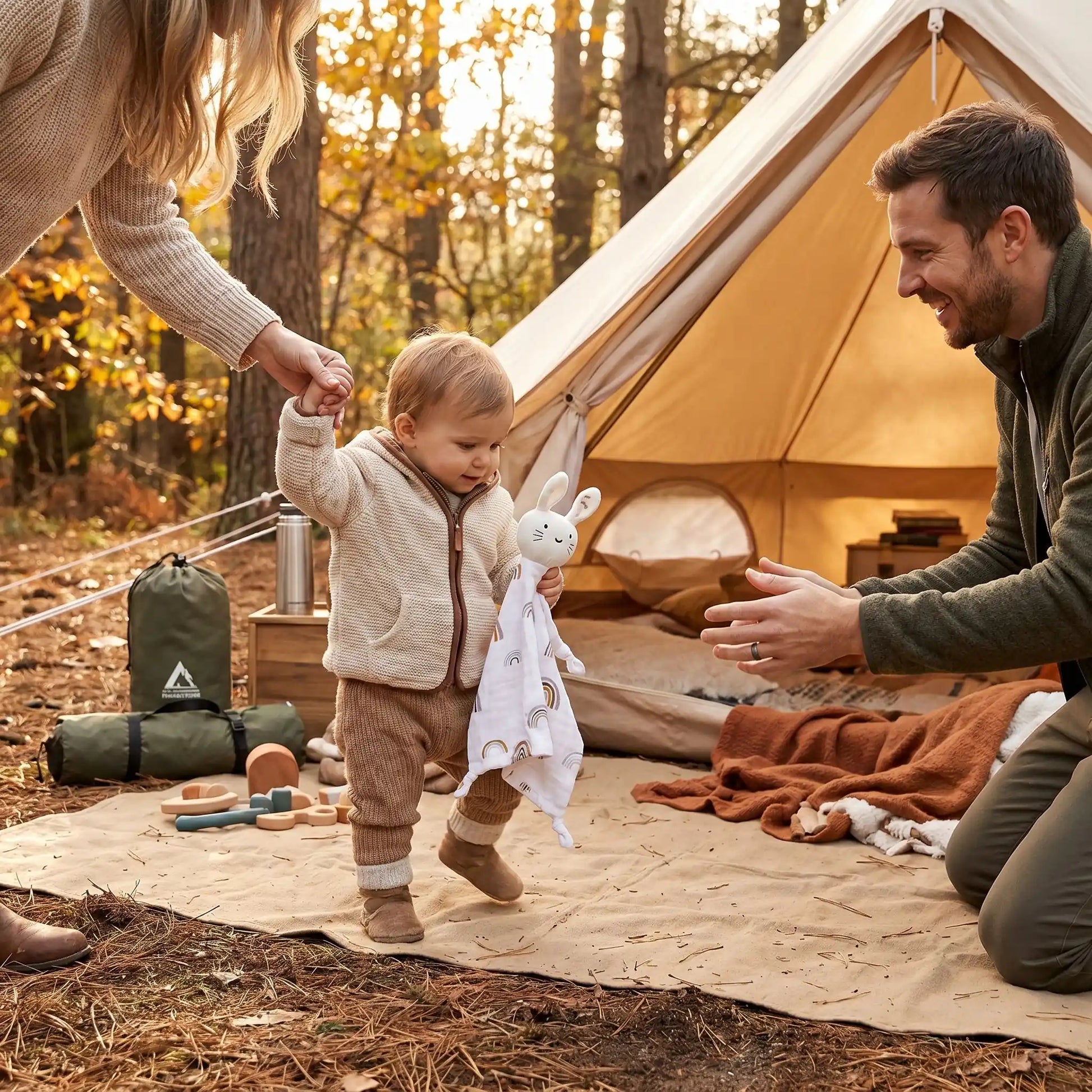 Premier pas de bébé au camping. Il tient son doudou ferment d'une main pour se rassurer.  Maman lui tenant l'autre main et Papa en face l'encourageant à avancer 