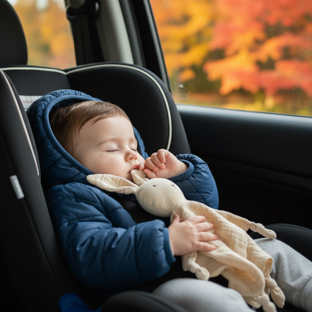 Bébé endormi dans son siège d'auto avec son doudou