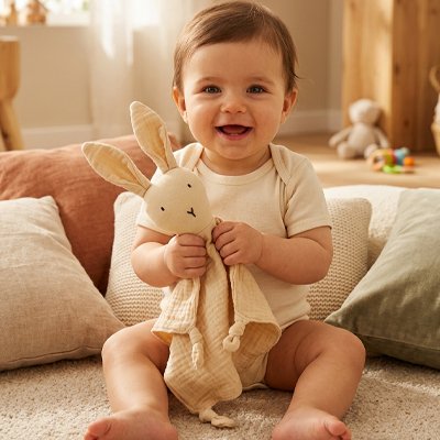 Doudou lapin beige bebe heureux