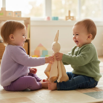 Bébé garçon offre son doudou à sa copine de garderie