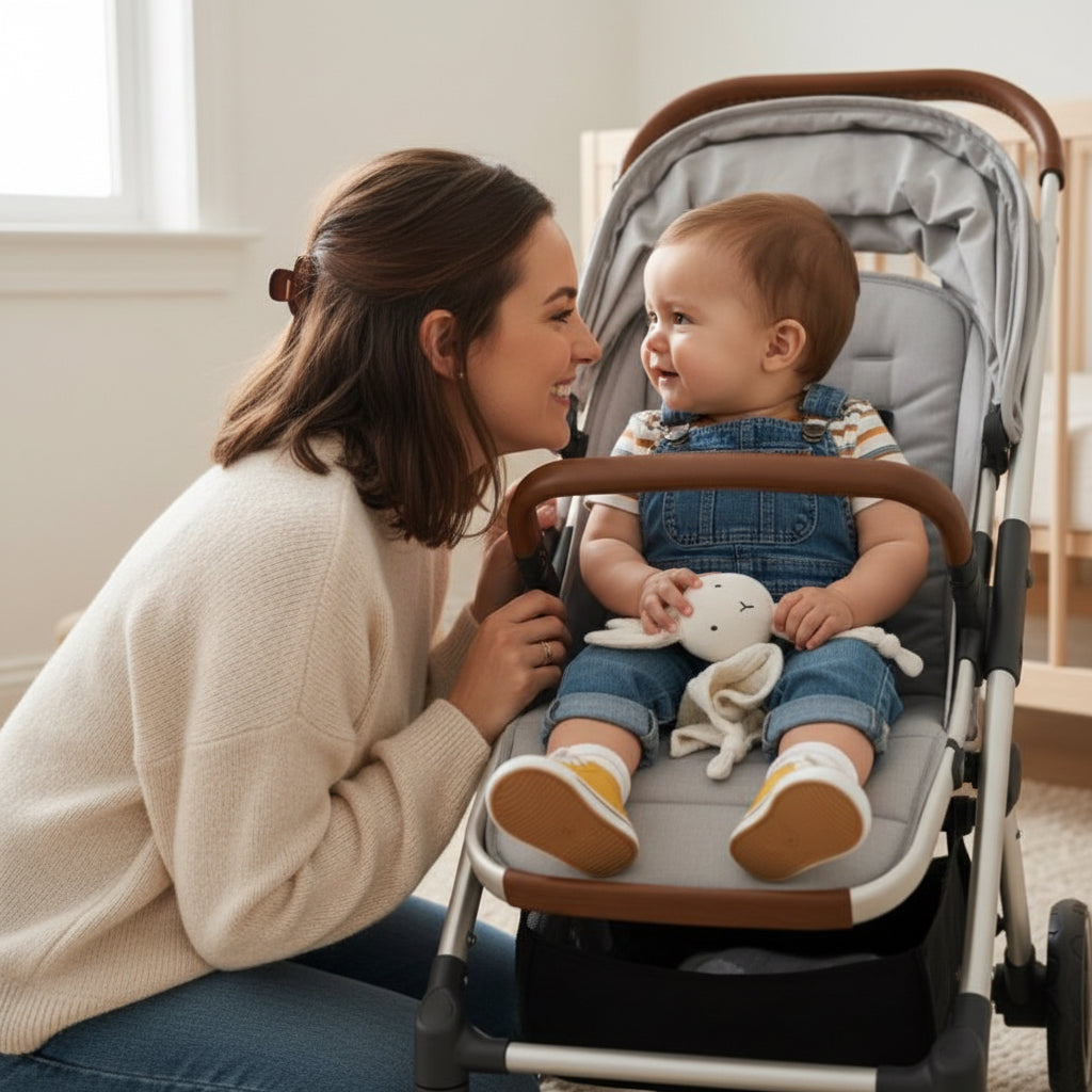 Bébé dans sa poussette avec maman qui lui sourit