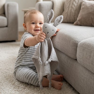 Doudou lapin gris bebe joue