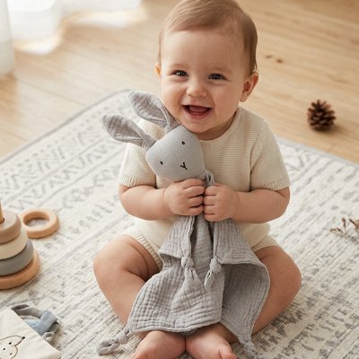 Doudou lapin gris bebe joyeux