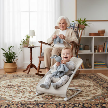 Bébé dans son transat avec son doudou dans les mains dans le salon chez mamie qui tricote dans sa chaise berçante lui souriant