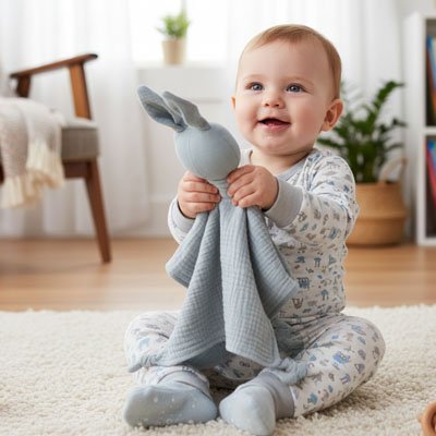 Doudou lapin gris bleu
