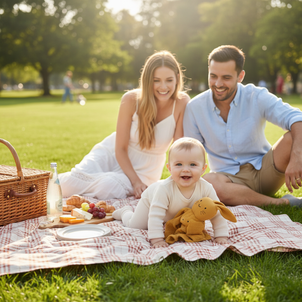 Bébé à quatre patte joue au parc avec son doudou lors d'un pique-nique avec maman et papa 