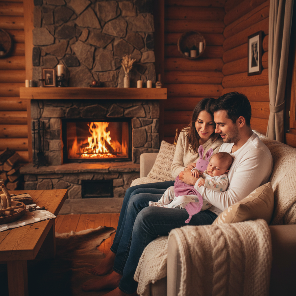 Papa et maman assis coller un contre l'autre dans un divan au chalet, bébé dors dans les bras de papa avec son doudou contre son coeur.  Un feu brule dans la cheminé.