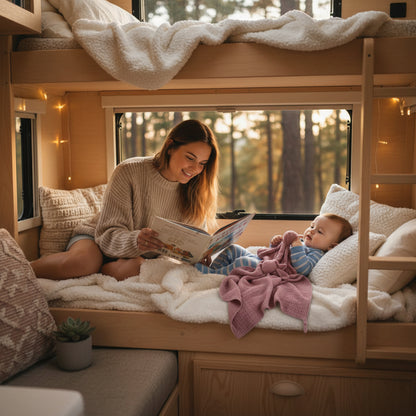 Bébé dans le camping-car couché avec deux doudou, maman tous près lui raconte une histoire