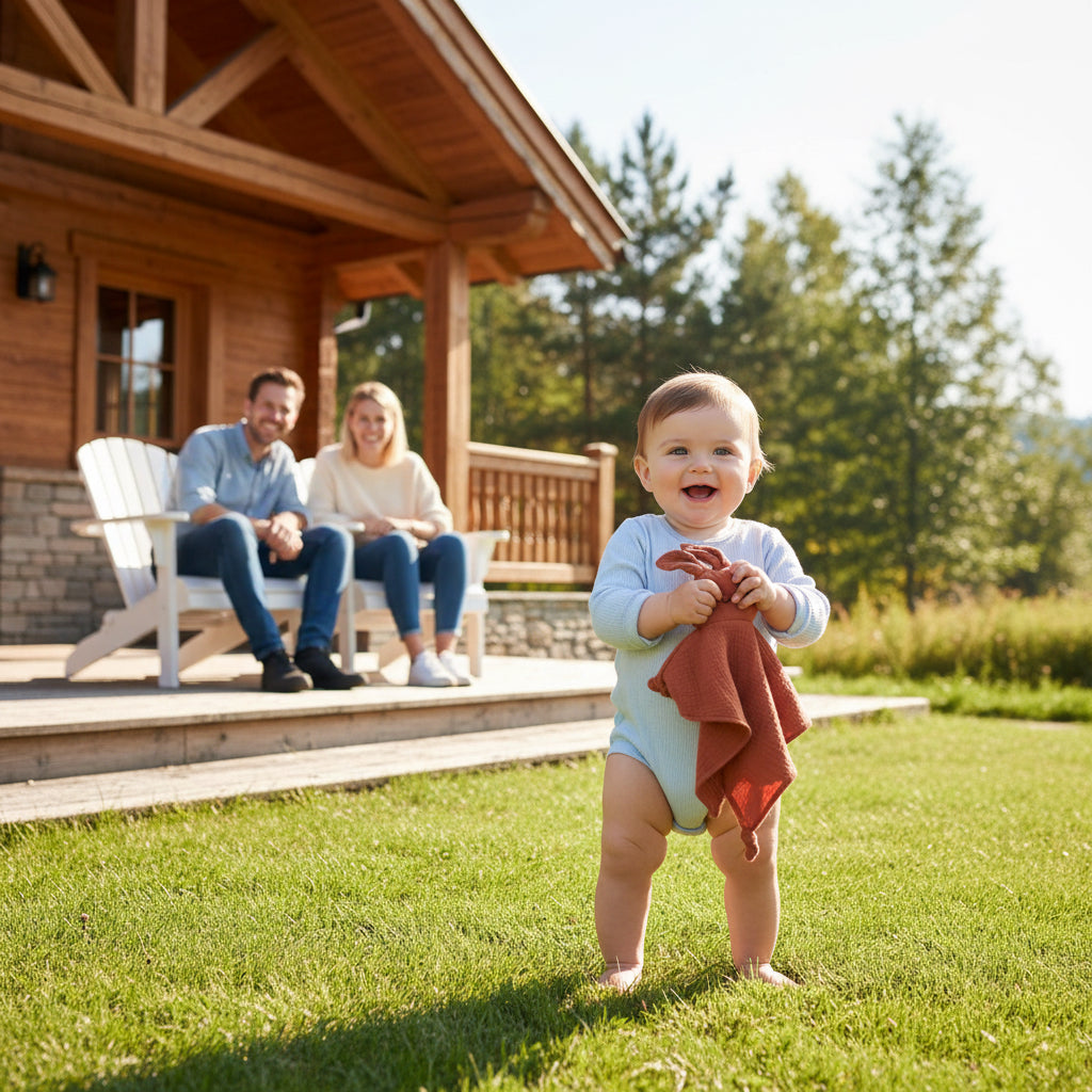 Bébé debout avec son doudou dans les mains dehors au chalet avec maman et papa assis dans des chaises de parterre le surveillant en souriant