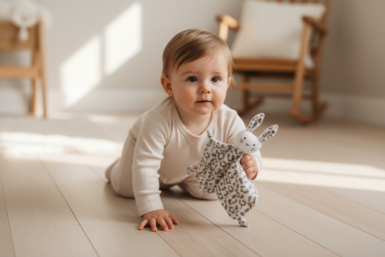 bébé marche à quatre patte en tenant son doudou lapin dans sa main rassuré par compagnon