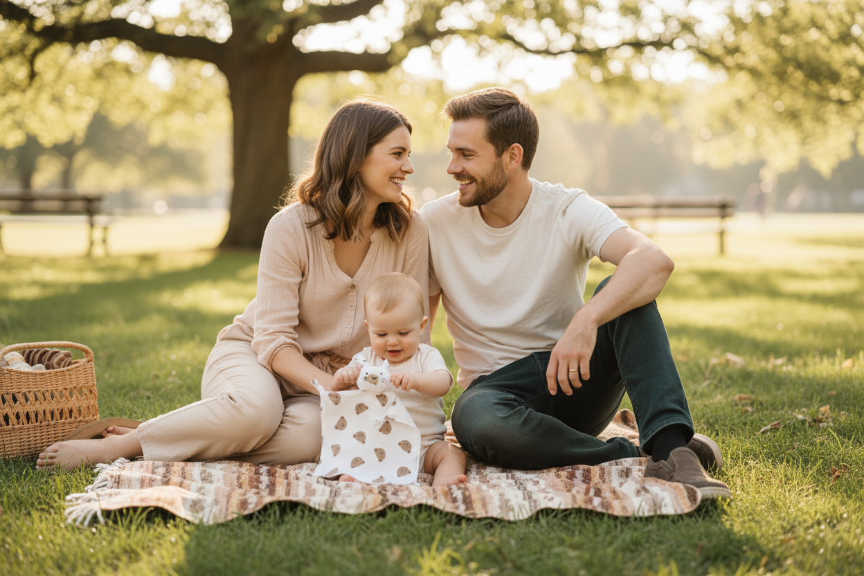 Papa et maman ce regarde du regard complice pendant que bébé joue avec son doudou près eux, pendant un pique nique au parc