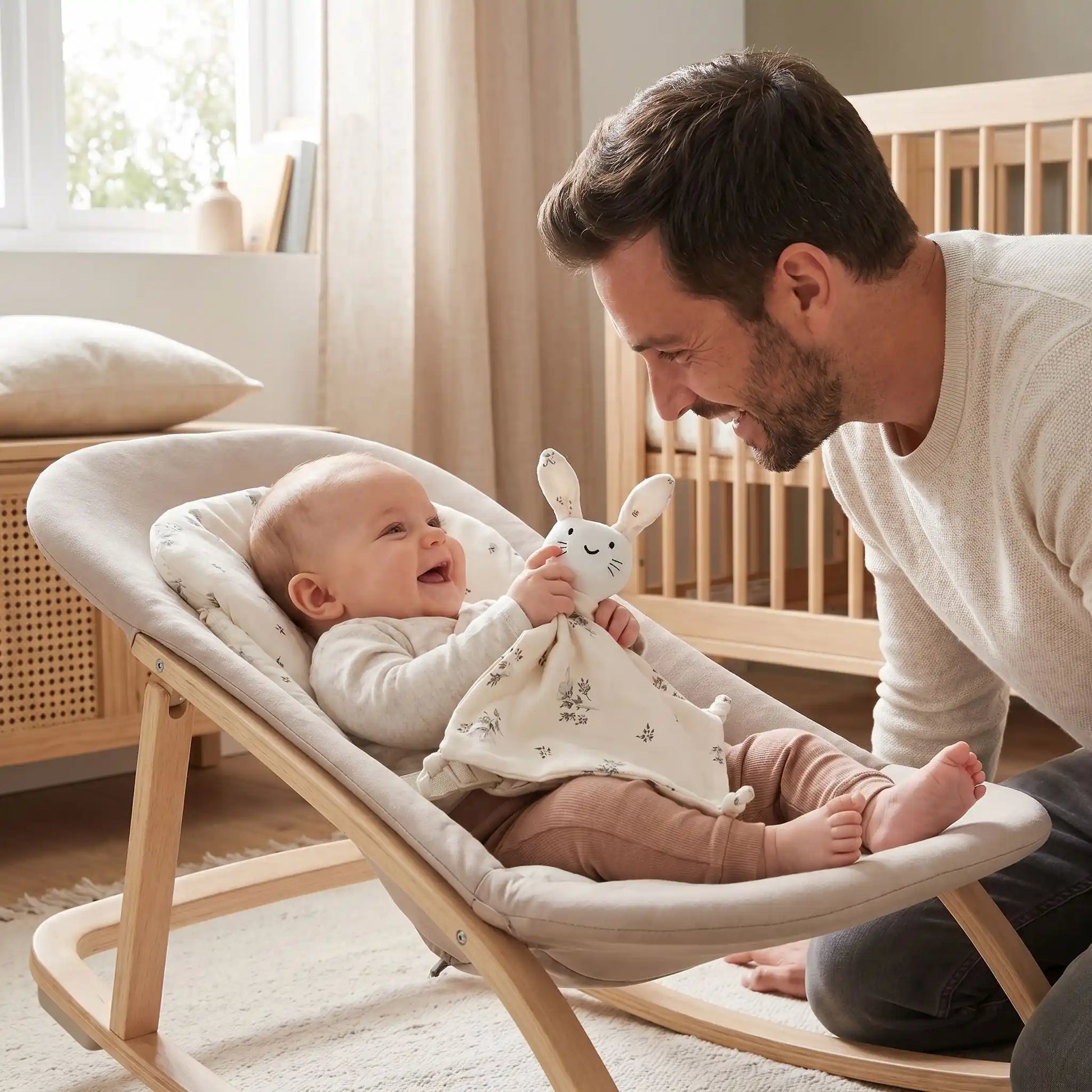 Papa sourit et bebe rigole dans son transat jouant avec son doudou