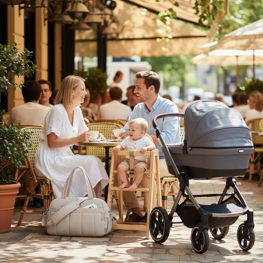 Famille à la terrasse d'un café avec bébé le sac à langer au pied de maman