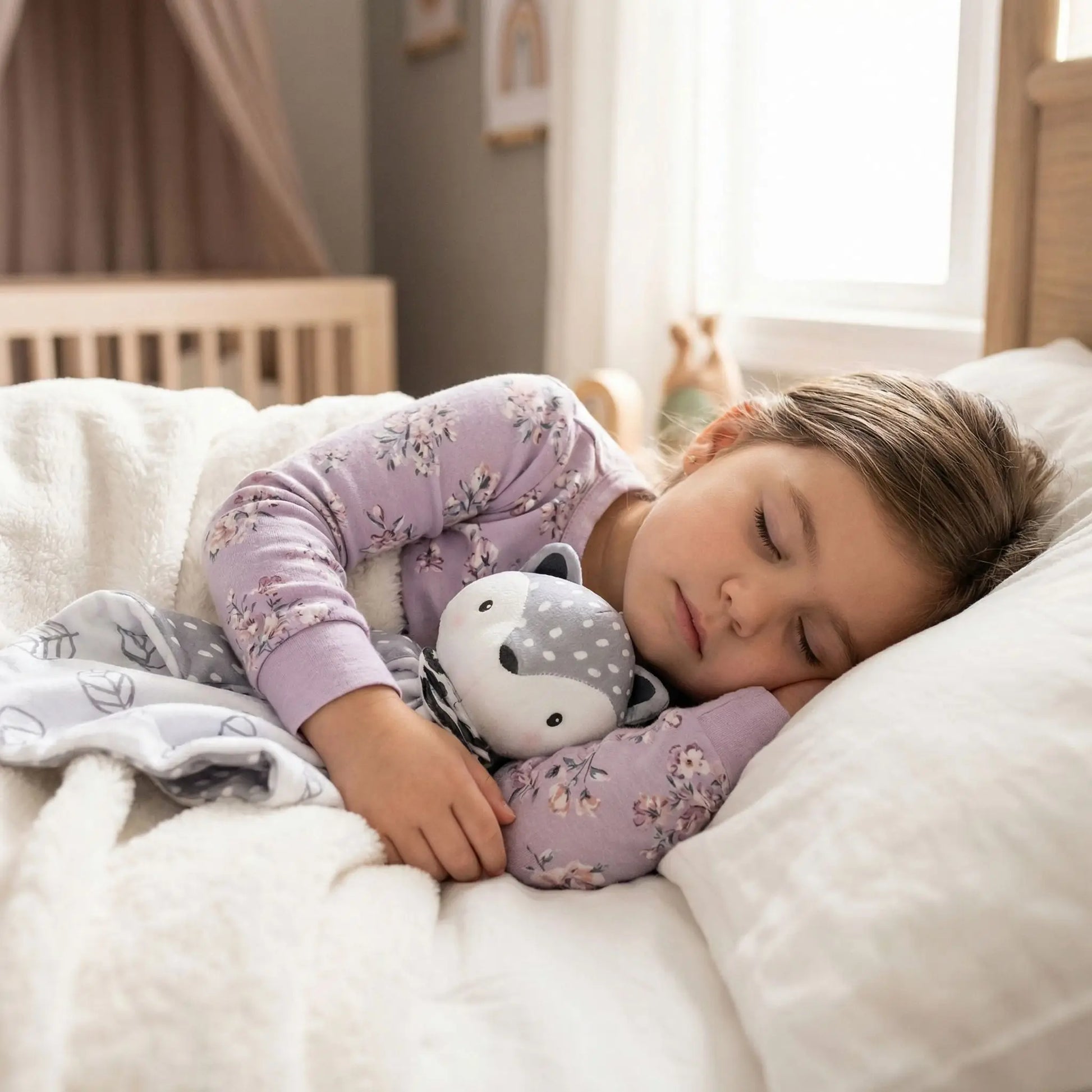 fillette endormie avec son doudou rassurant 