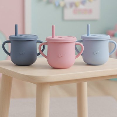 Gobelet bébé ergonomique trois couleurs pastel
