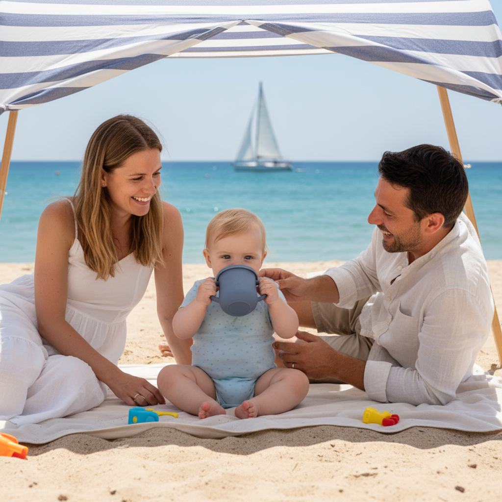 La famille réunie sous la tente de plage à la mer voilier vogue sur l'eau et bébé boit dans sa tasse