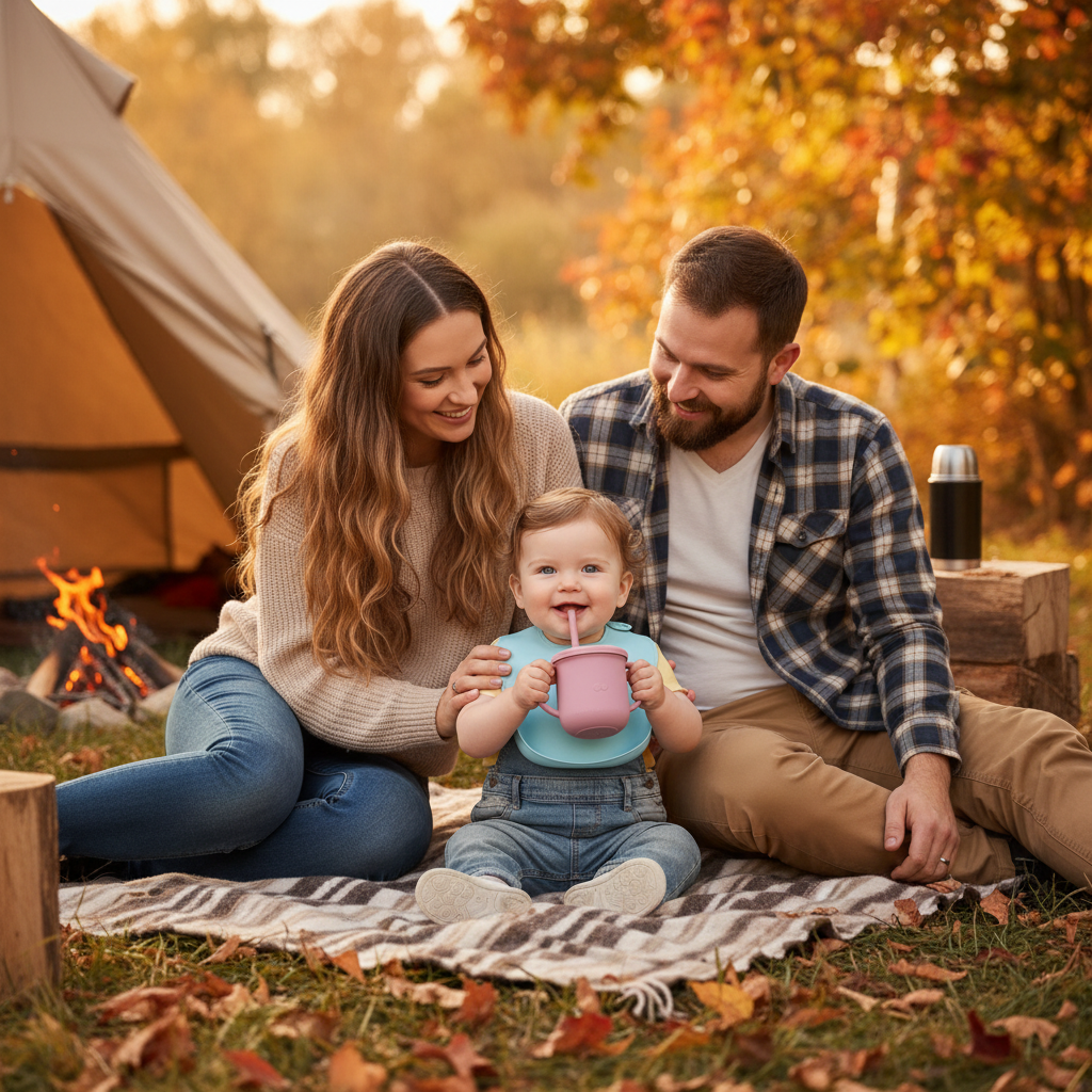 Léa boit dans son gobelet rose assis avec ses parents au camping en automne