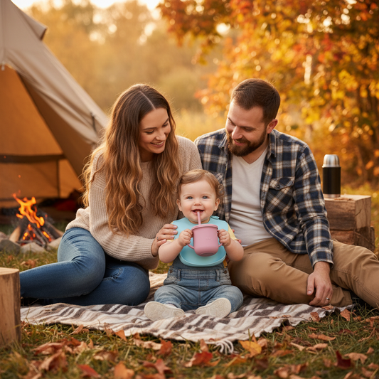 Léa boit dans son gobelet rose assis avec ses parents au camping en automne