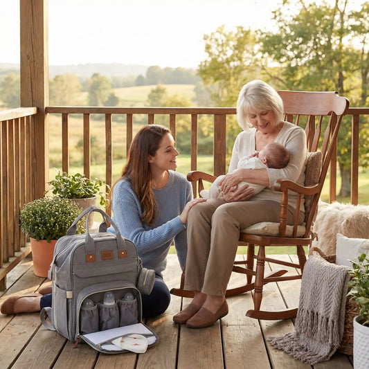 Grand maman qui berce son petit fils sur le balcon