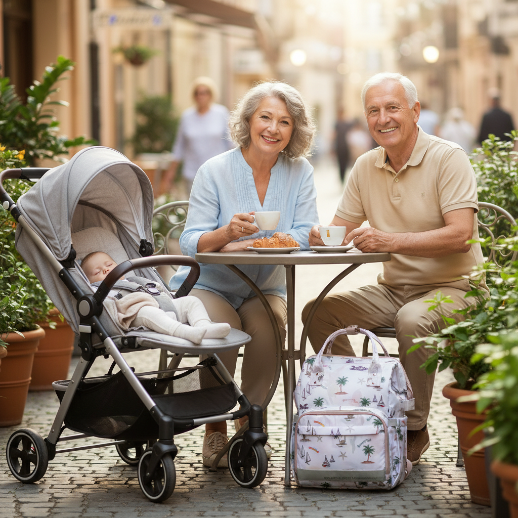 Mamie et papi prenne un café sur une terrasse, bébé dans sa poussette dors, le sac a langer au pied de papi