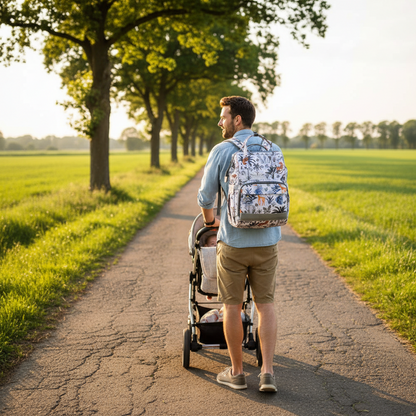 Papa porte le sac a dos a langer lors d'une sortie avec bébé en poussette dans les rues de la campagne