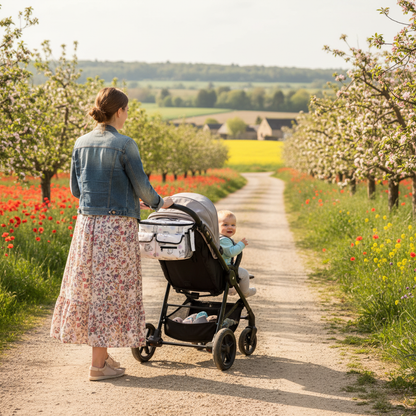 Promenade en campagne au printemps maman avec bébé dans la poussette avec l'organisateur de poussette sur la poignée