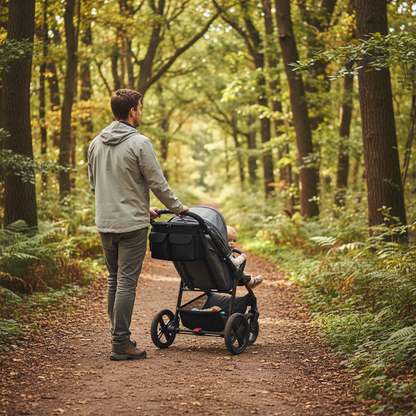 Randonnée en forêt de papa avec bébé dans sa poussette et l'organisateur de poussette sur la poignée