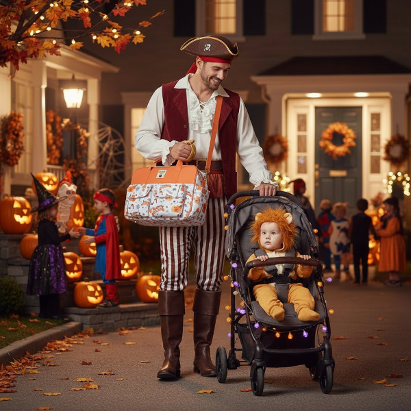 Jour d'Halloween papa déguisé en pirate et bébé en lion. Papa porte le sac Hallloween en bandoulière
