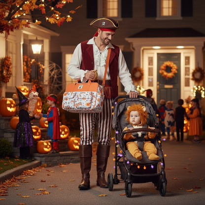 Jour d'Halloween papa déguisé en pirate et bébé en lion. Papa porte le sac Hallloween en bandoulière
